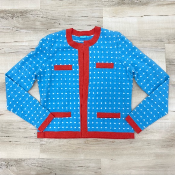 J. McLaughlin Dottie Seabreeze Polka Dot Cashmere Crew Neck Cardigan Sweater Sm - Picture 2 of 6